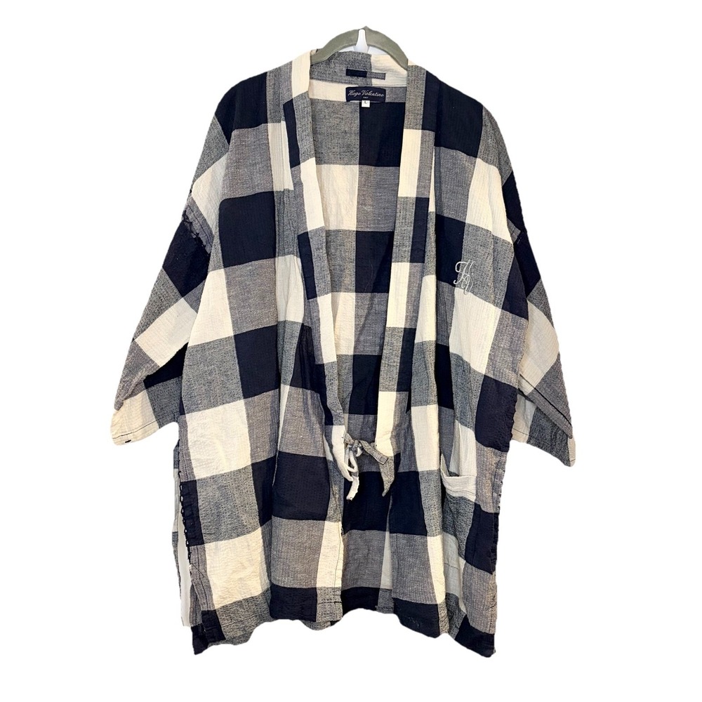 Hugo Valentino Italy Blue Plaid Linen Tie Front Kimono Cardigan Lagenlook L